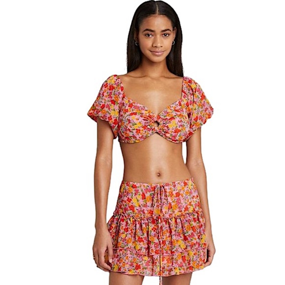 Wild Fable size Xxl Colorful Floral Puff Sleeve Sweetheart Neck Tiny Top NWT